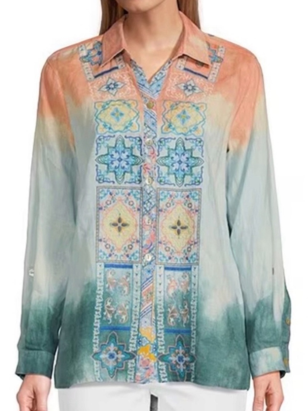 John Mark Linen Peach Ombre Embroidered Button-Up Top 3X